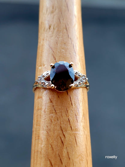 14k Size 7 Fancy Solid Yellow Gold Smoky Topaz and Genuine Diamond Ring!