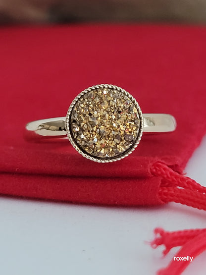 14k Size 5 Vintage Solid Yellow Gold Round Gold-tone Druzy Quartz Ring!