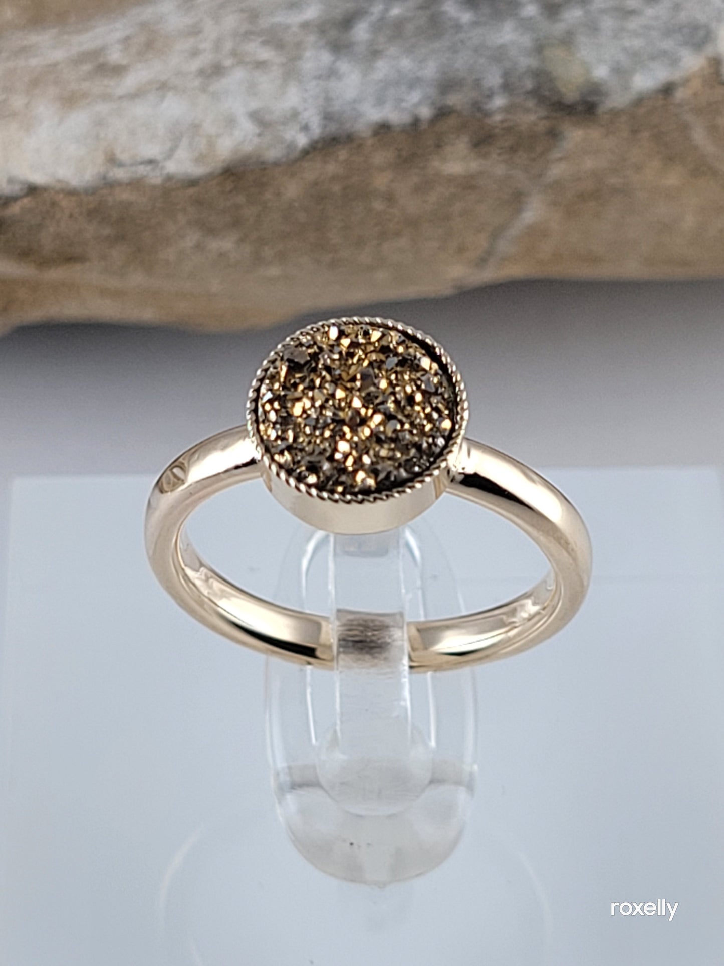 14k Size 5 Vintage Solid Yellow Gold Round Gold-tone Druzy Quartz Ring!