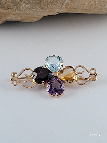 ❤️14k Yellow Gold Pear Shape Multi Stone Clover Flower East West Pin!