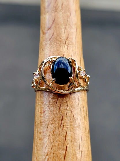 14k Size 6.5 Beautiful Solid Yellow Gold Onyx and Aquamarine Ring