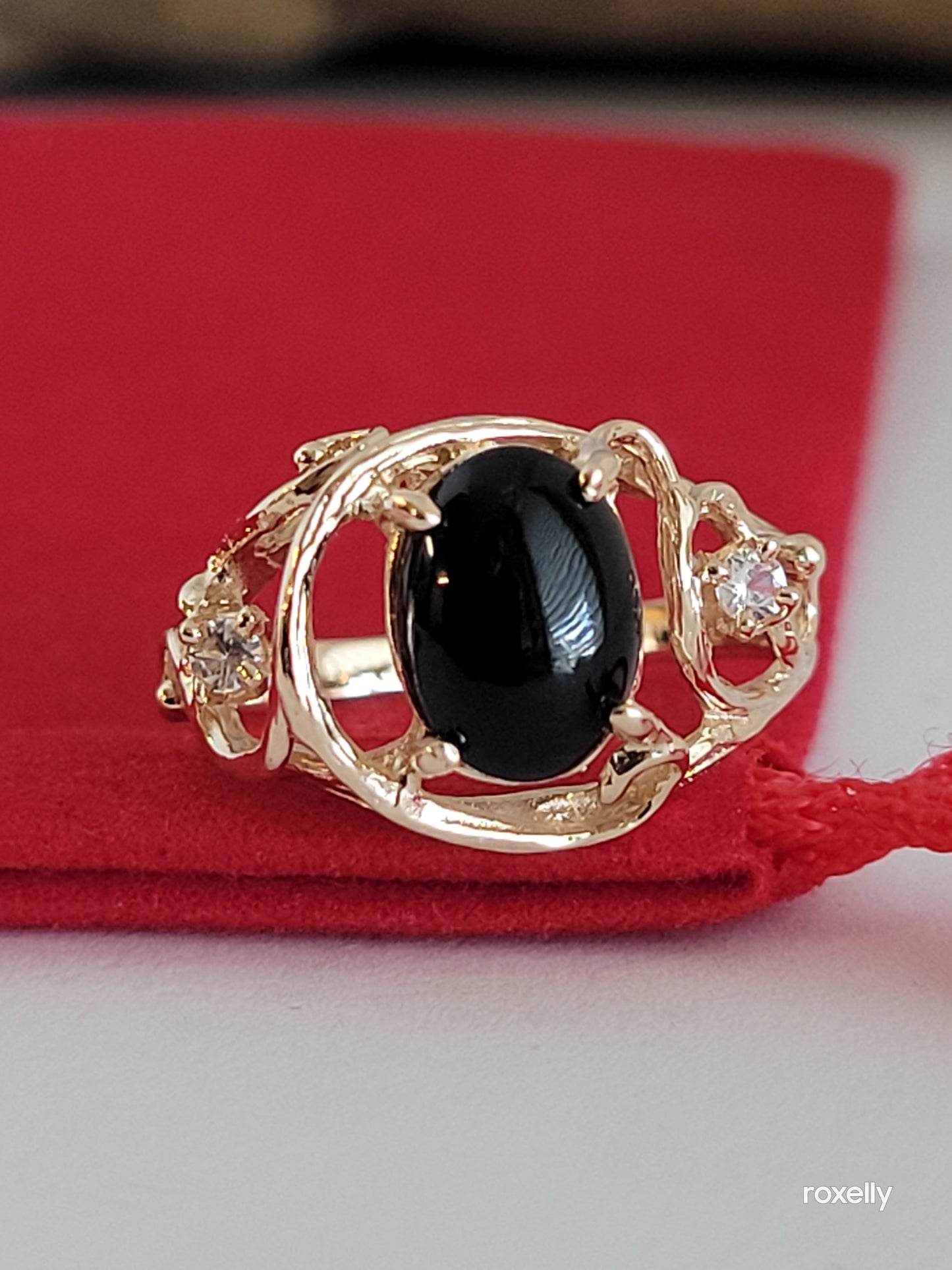 14k Size 6.5 Beautiful Solid Yellow Gold Onyx and Aquamarine Ring