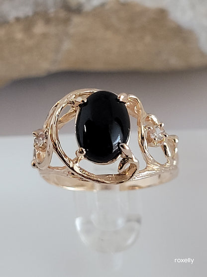 14k Size 6.5 Beautiful Solid Yellow Gold Onyx and Aquamarine Ring