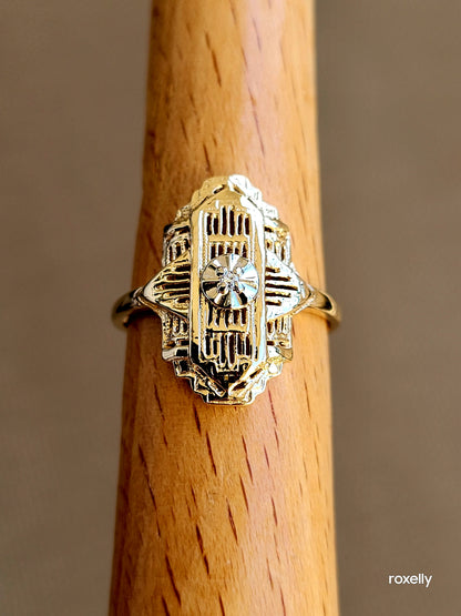 10k Size 6.5 Precious Solid Yellow Gold Genuine Diamond Art-Deco Ring