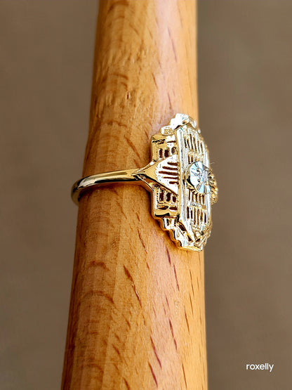 10k Size 6.5 Precious Solid Yellow Gold Genuine Diamond Art-Deco Ring