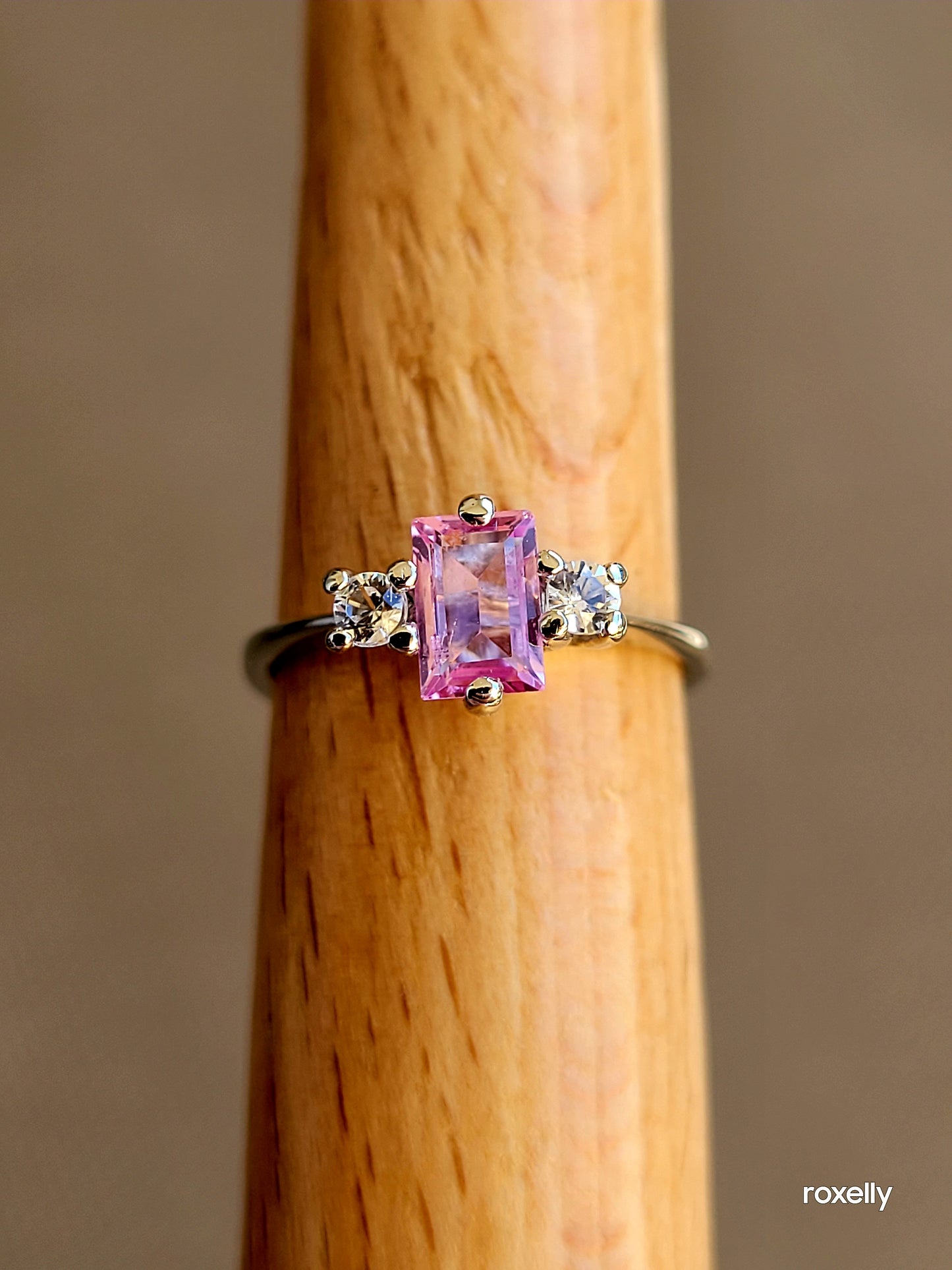 10k Size 4.75 Fancy Solid White Gold Pink Sapphire and White Aquamarine Ring