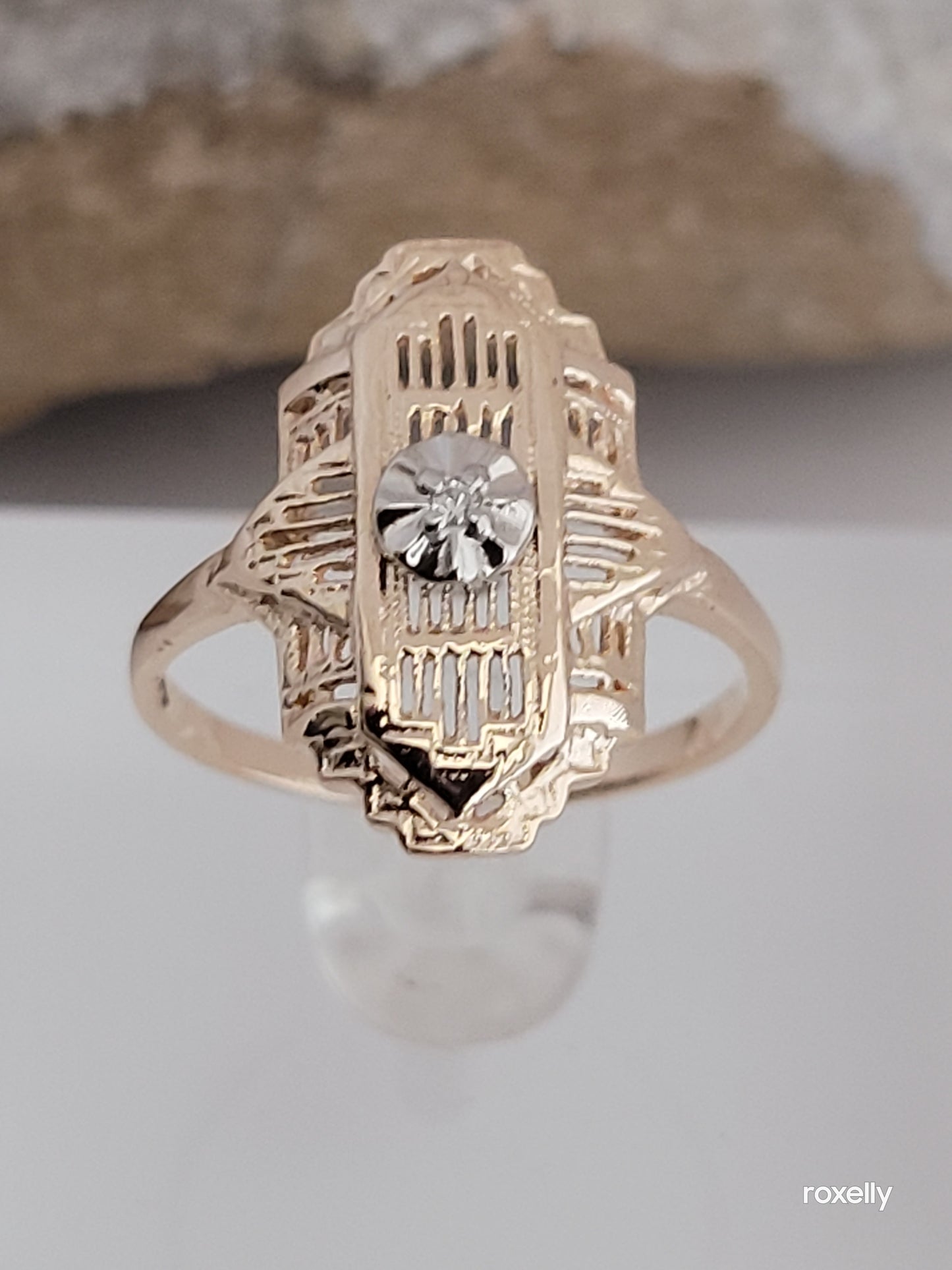 10k Size 6.5 Precious Solid Yellow Gold Genuine Diamond Art-Deco Ring