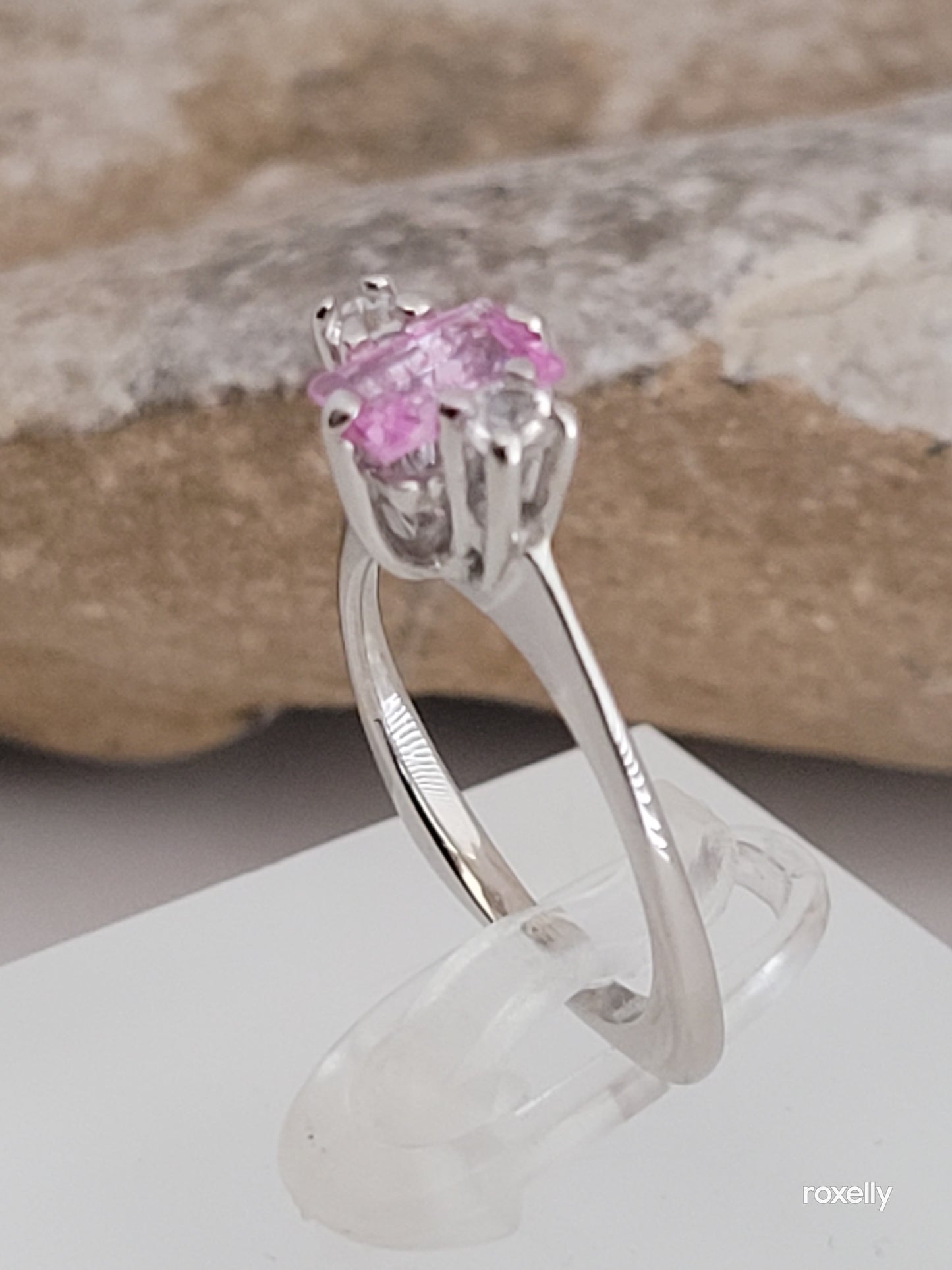 10k Size 4.75 Fancy Solid White Gold Pink Sapphire and White Aquamarine Ring