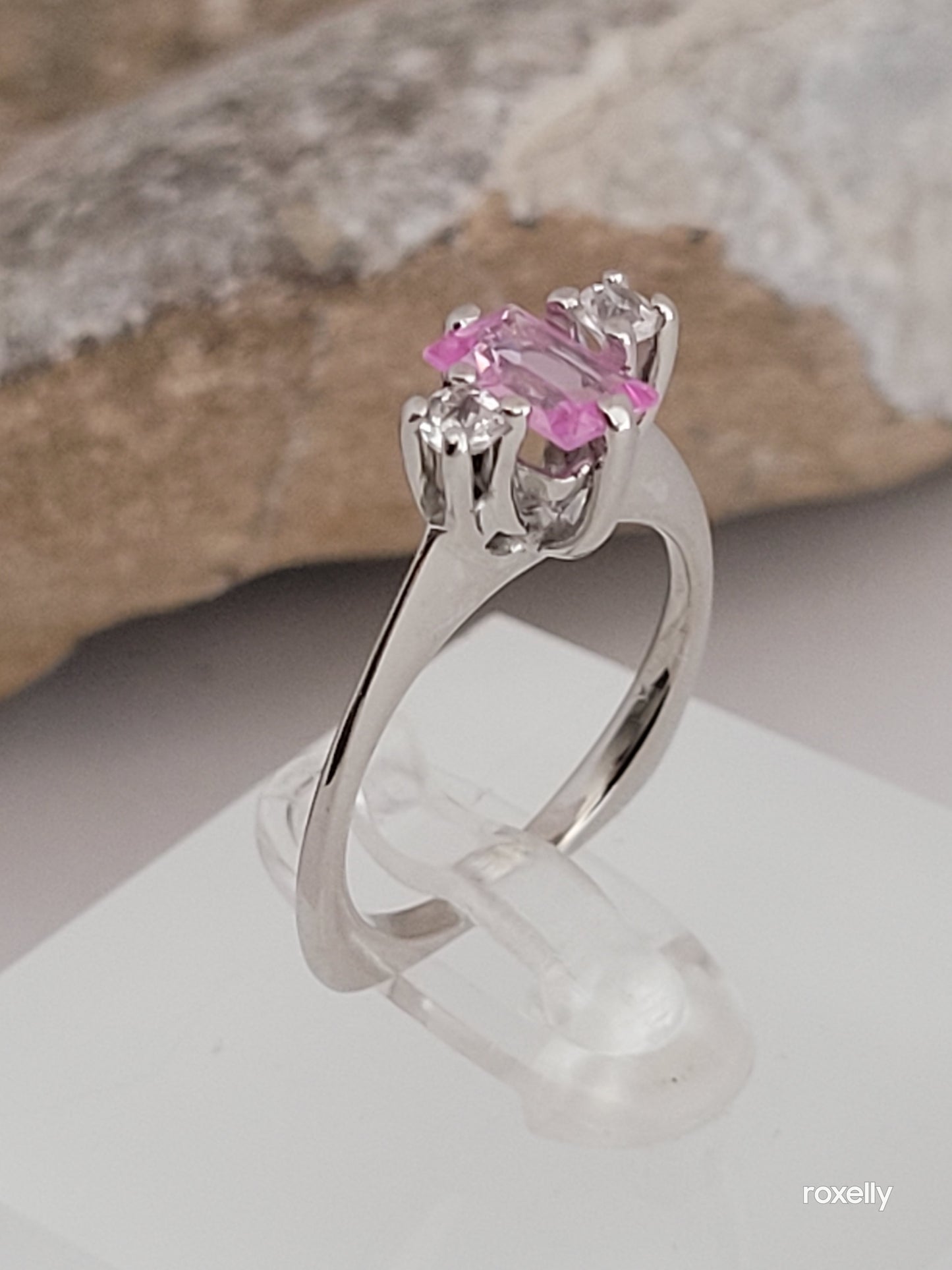 10k Size 4.75 Fancy Solid White Gold Pink Sapphire and White Aquamarine Ring