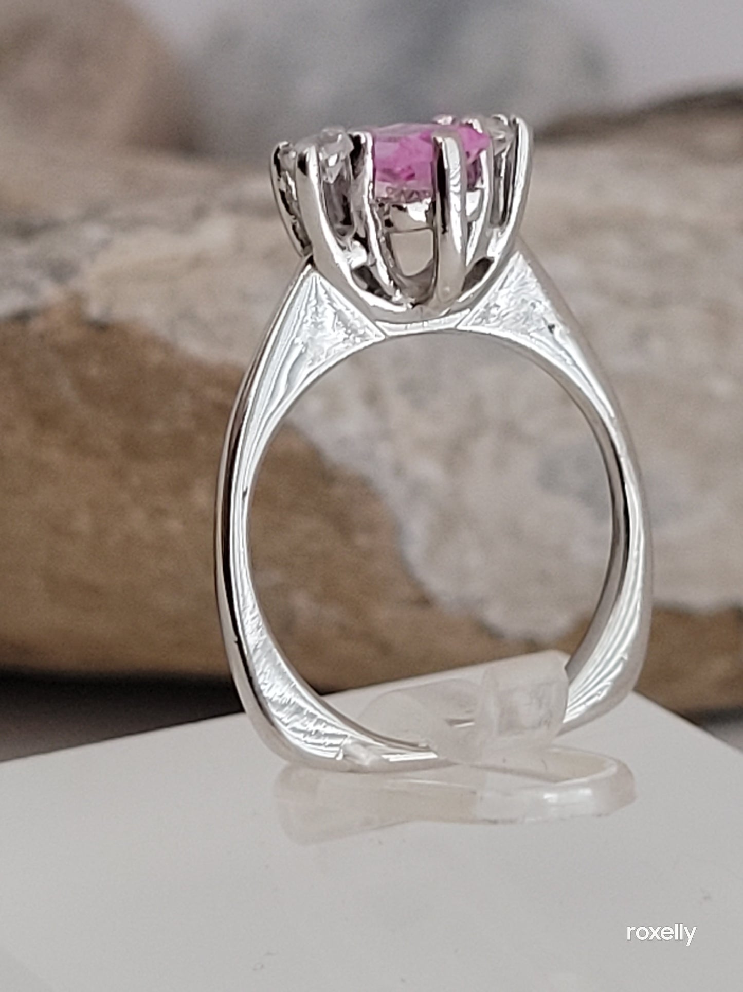 10k Size 4.75 Fancy Solid White Gold Pink Sapphire and White Aquamarine Ring