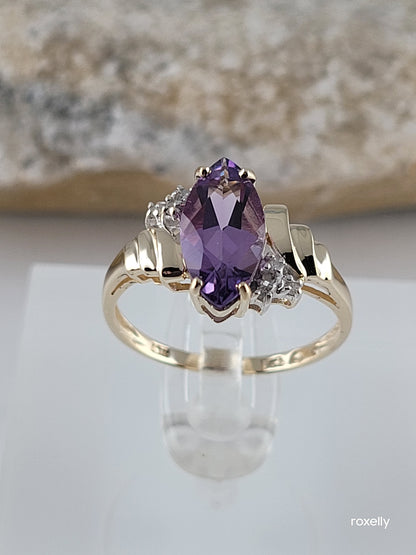 10k Size 6.5 Precious Solid Yellow Gold Amethyst and Genuine Diamond Ring