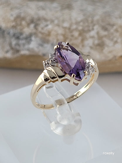 10k Size 6.5 Precious Solid Yellow Gold Amethyst and Genuine Diamond Ring