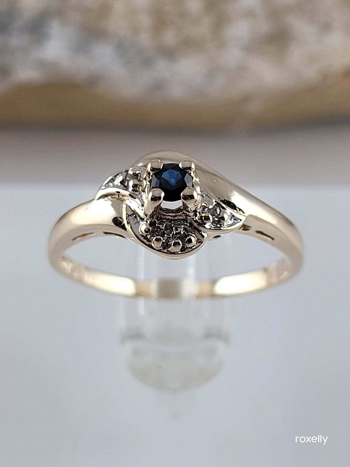 10k Size 6.75 Precious Solid Yellow Gold Dark Sapphire and Genuine Diamond Ring!