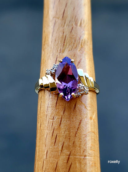 10k Size 6.5 Precious Solid Yellow Gold Amethyst and Genuine Diamond Ring