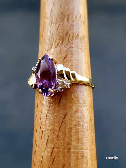 10k Size 6.5 Precious Solid Yellow Gold Amethyst and Genuine Diamond Ring