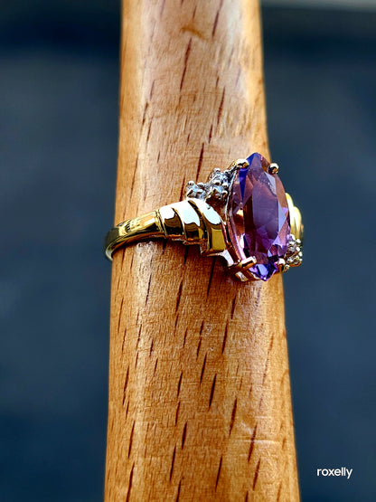 10k Size 6.5 Precious Solid Yellow Gold Amethyst and Genuine Diamond Ring