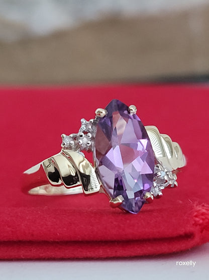 10k Size 6.5 Precious Solid Yellow Gold Amethyst and Genuine Diamond Ring