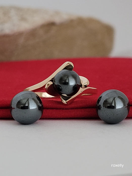 ❤️14k Size 8 Solid Yellow Gold Hematite Ring and Earrings Beautiful!