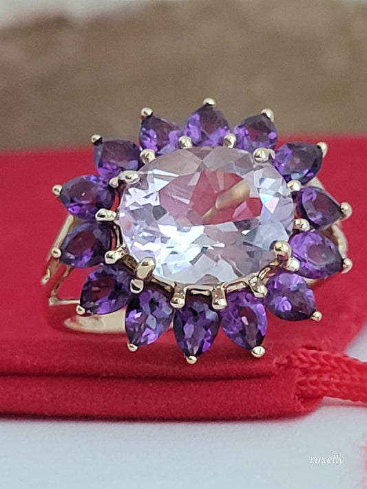 ❤️10k Size 8 Gorgeous Solid Yellow Gold Rose Quartz and Amethyst Ring!