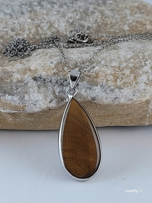 ❤️925 Sterling Silver Drop-Shaped Tiger's Eye Pendant Necklace!