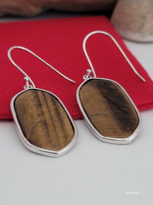 ♥️Sterling Silver Oval Tiger's Eye Drop Earrings ! 🎁👌