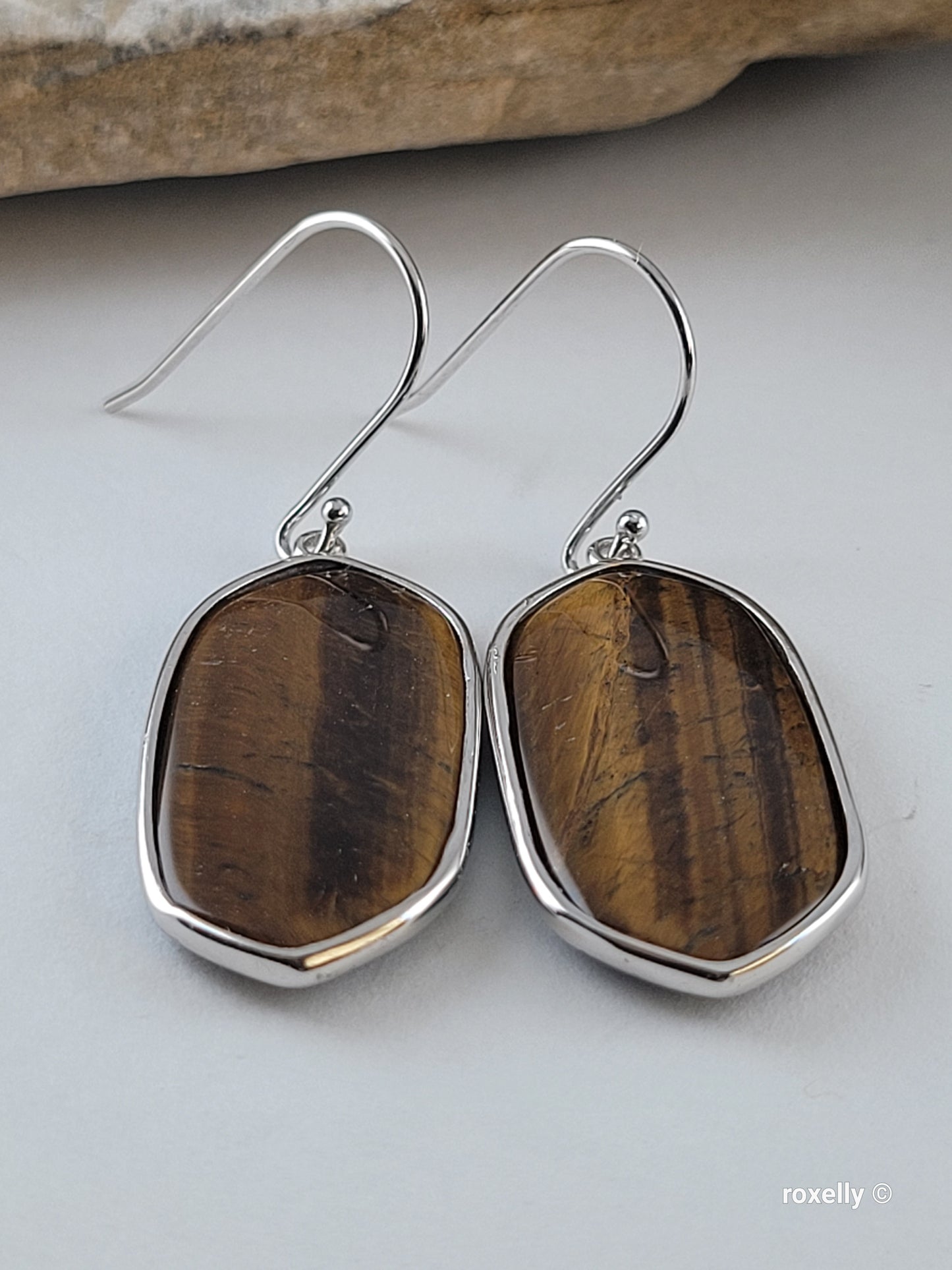 ♥️Sterling Silver Oval Tiger's Eye Drop Earrings ! 🎁👌