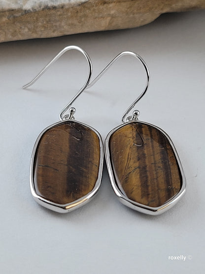♥️Sterling Silver Oval Tiger's Eye Drop Earrings ! 🎁👌