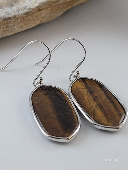 ♥️Sterling Silver Oval Tiger's Eye Drop Earrings ! 🎁👌