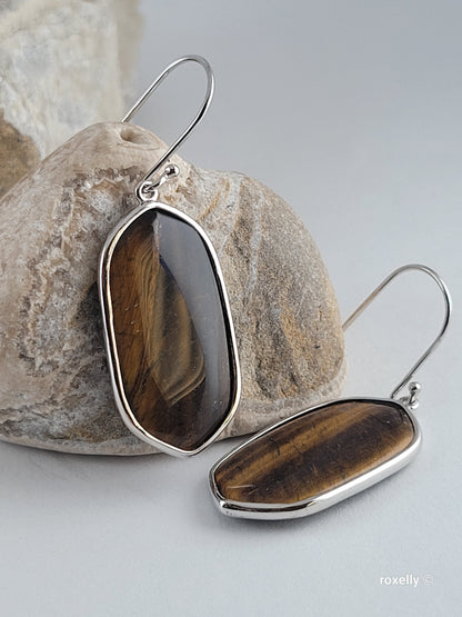 ♥️Sterling Silver Oval Tiger's Eye Drop Earrings ! 🎁👌