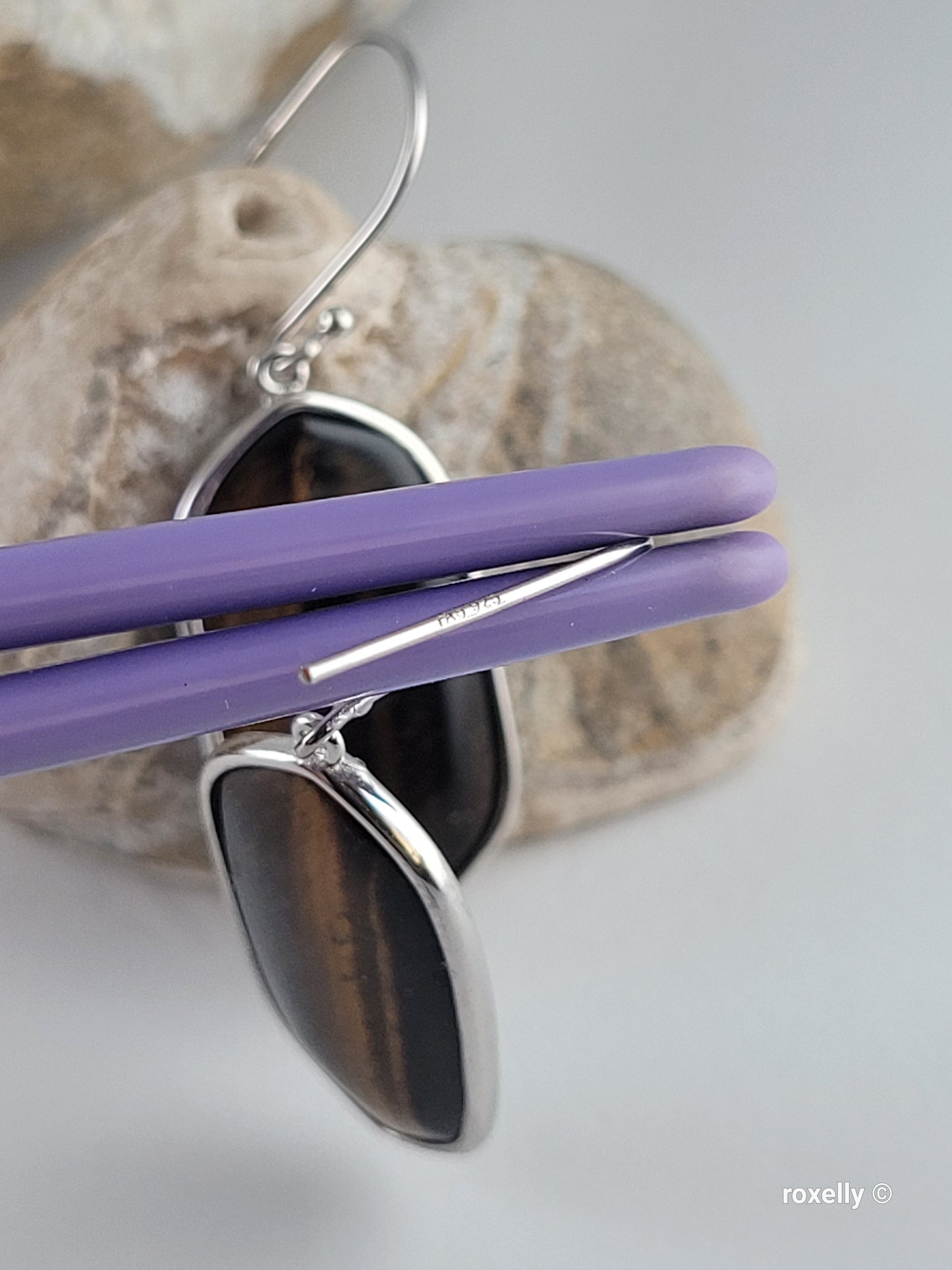 ♥️Sterling Silver Oval Tiger's Eye Drop Earrings ! 🎁👌