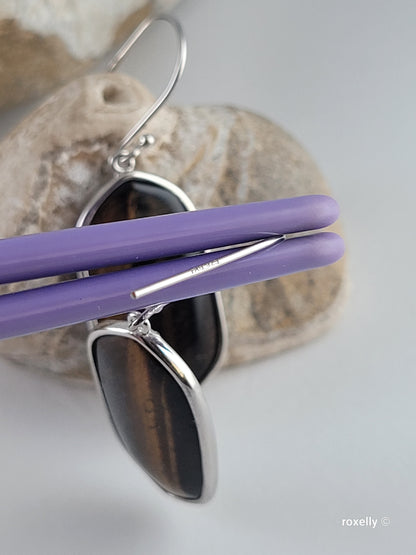 ♥️Sterling Silver Oval Tiger's Eye Drop Earrings ! 🎁👌