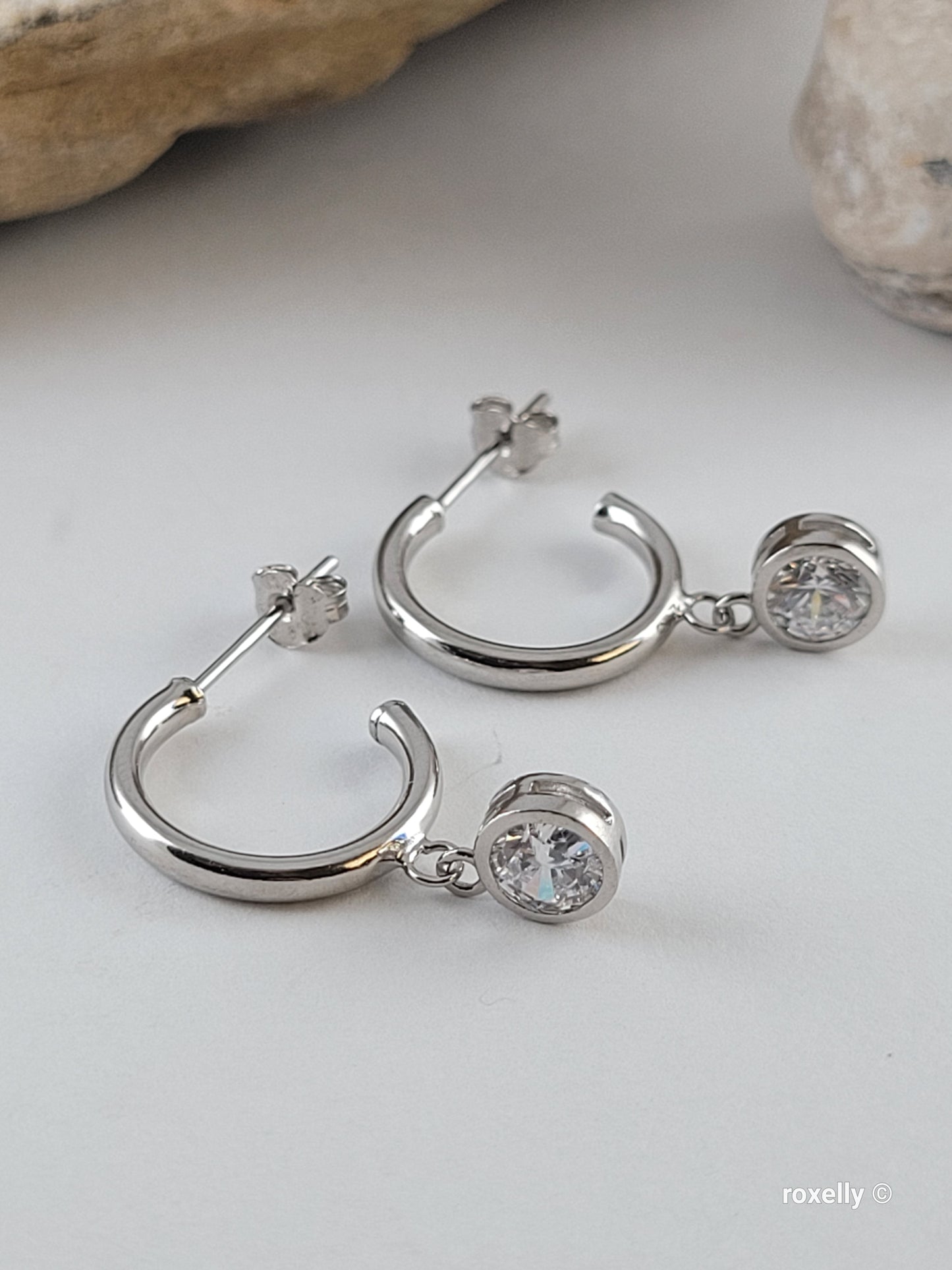 Sterling Silver Cubic Zirconia Round Drop Hoop Earrings