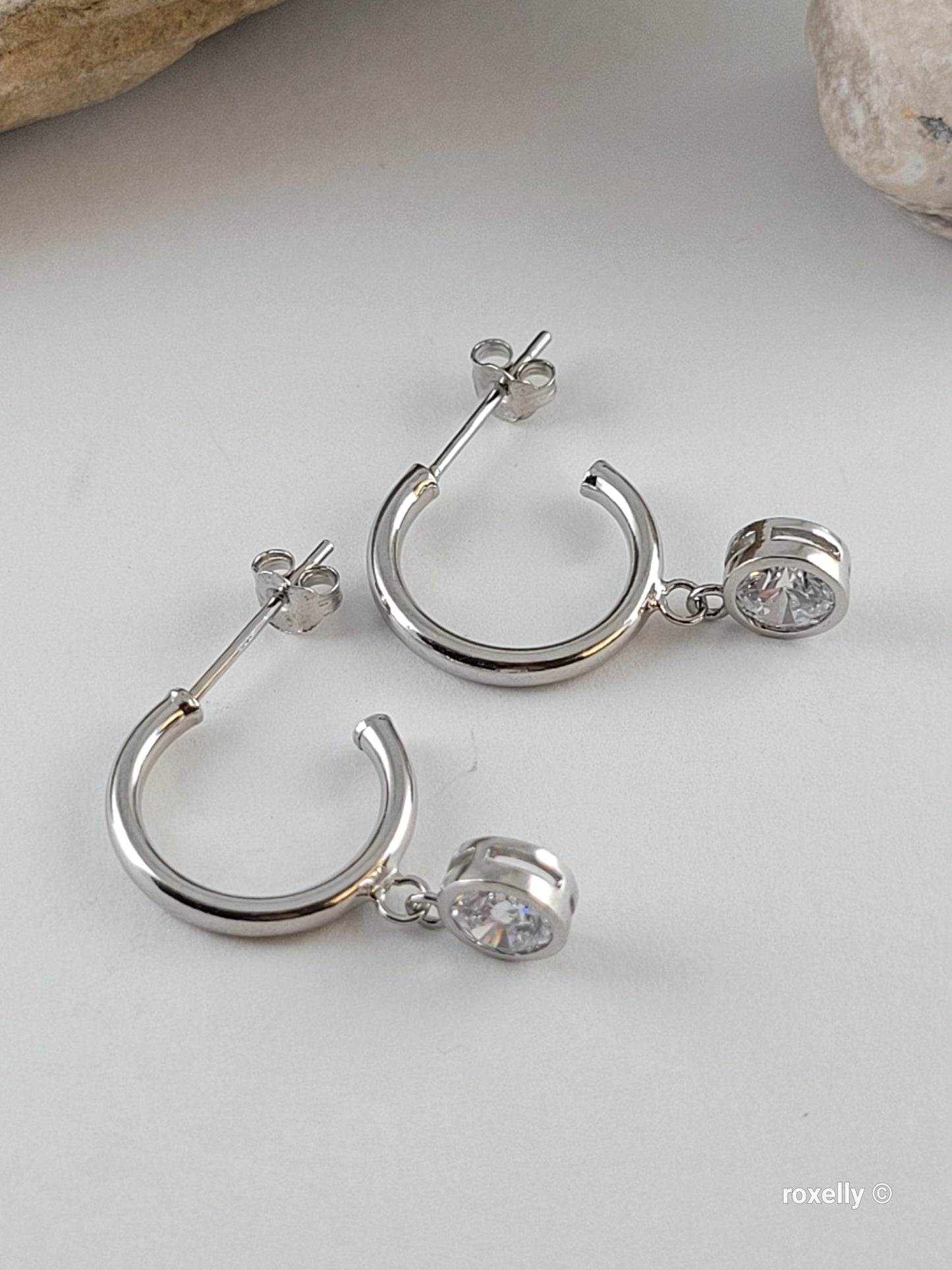 Sterling Silver Cubic Zirconia Round Drop Hoop Earrings