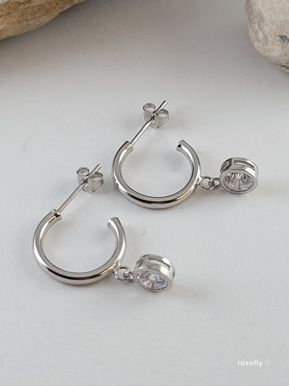 Sterling Silver Cubic Zirconia Round Drop Hoop Earrings