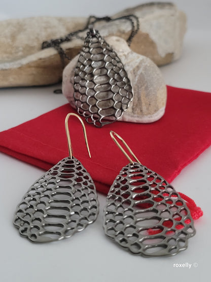 ❤️ Oxidized Sterling Silver Earrings Necklace Set, Designer Mesh Drop, the hooks are 14k Gold