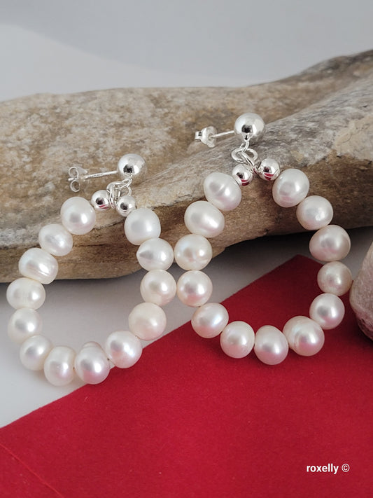 ❤️925 Lovely Sterling Silver Fresh-Water Pearls Circle Drop Earrings!