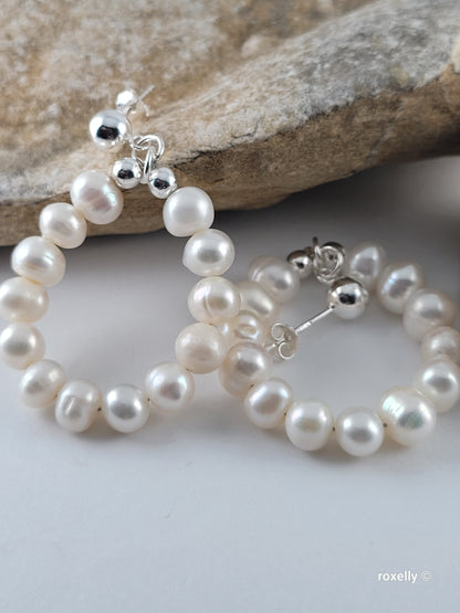 ❤️925 Lovely Sterling Silver Fresh-Water Pearls Circle Drop Earrings!