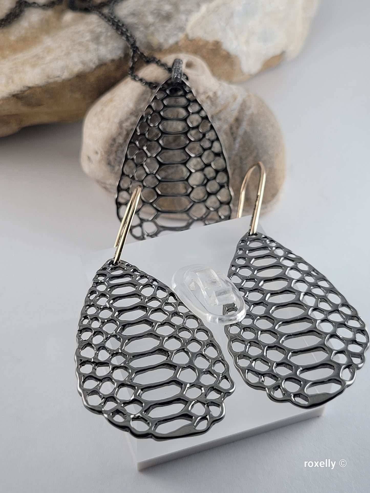❤️ Oxidized Sterling Silver Earrings Necklace Set, Designer Mesh Drop, the hooks are 14k Gold