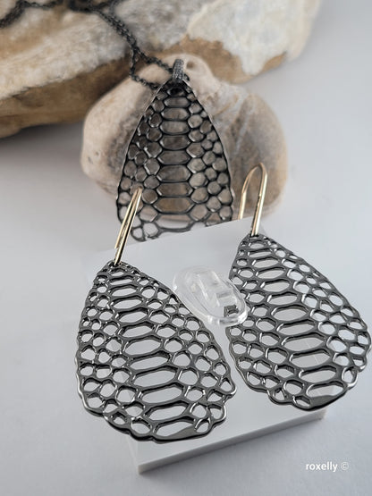 ❤️ Oxidized Sterling Silver Earrings Necklace Set, Designer Mesh Drop, the hooks are 14k Gold