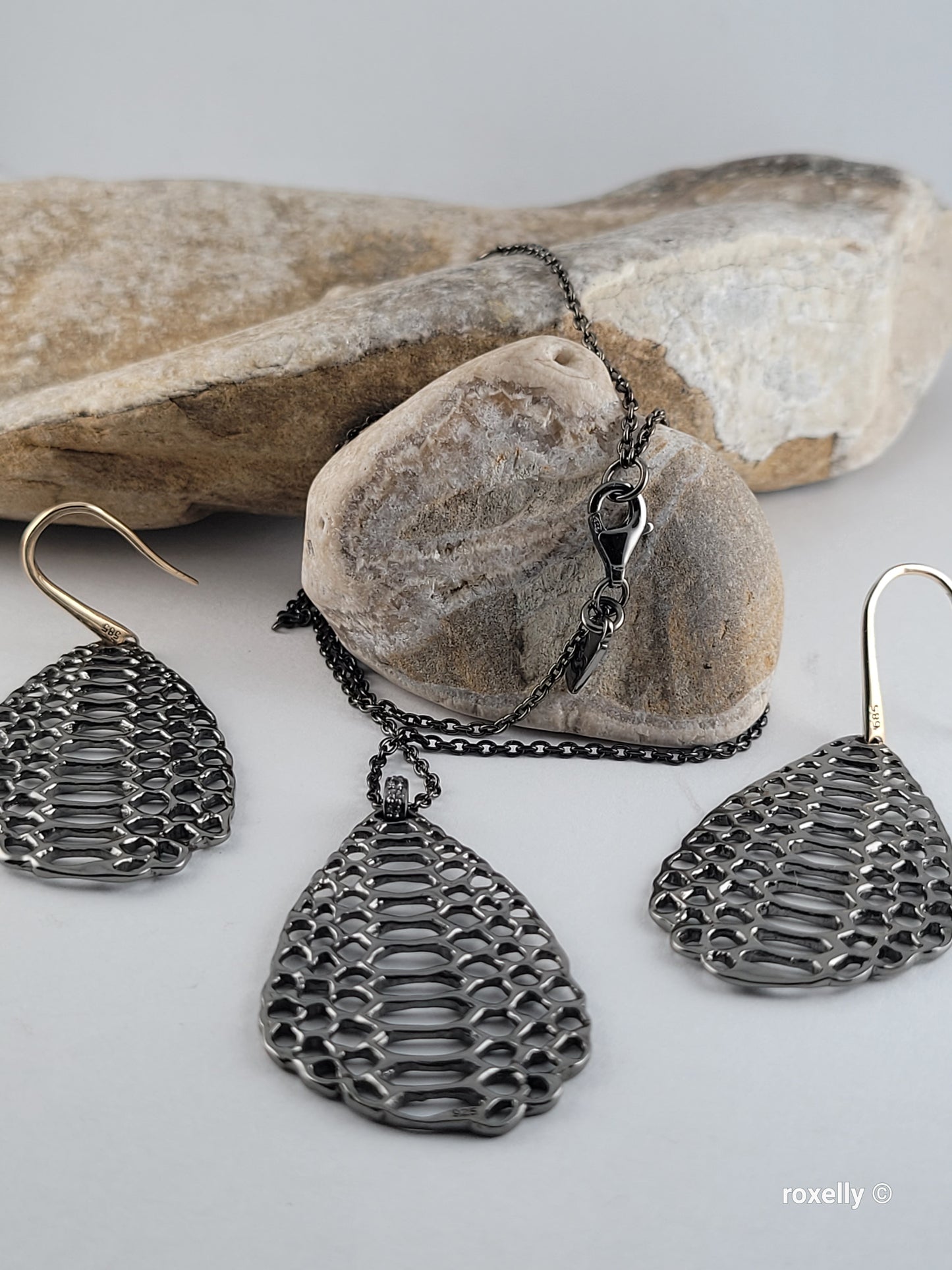 ❤️ Oxidized Sterling Silver Earrings Necklace Set, Designer Mesh Drop, the hooks are 14k Gold