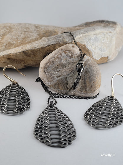 ❤️ Oxidized Sterling Silver Earrings Necklace Set, Designer Mesh Drop, the hooks are 14k Gold