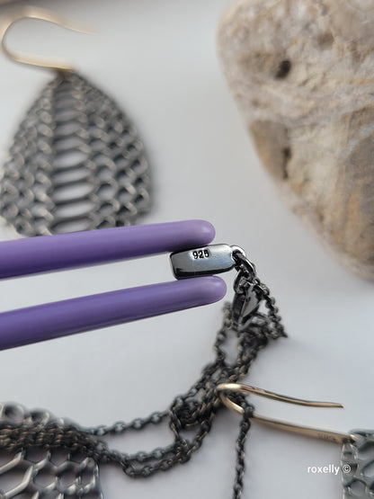 ❤️ Oxidized Sterling Silver Earrings Necklace Set, Designer Mesh Drop, the hooks are 14k Gold