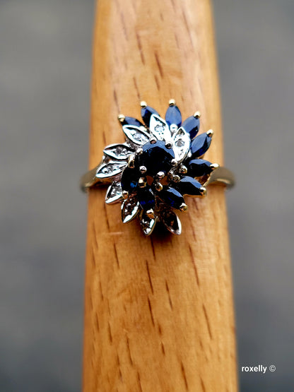 ❤️10k Size 7.75 Amazing Solid Yellow Gold Dark Sapphire and Diamond Ring!