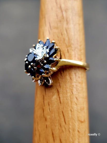 ❤️10k Size 7.75 Amazing Solid Yellow Gold Dark Sapphire and Diamond Ring!