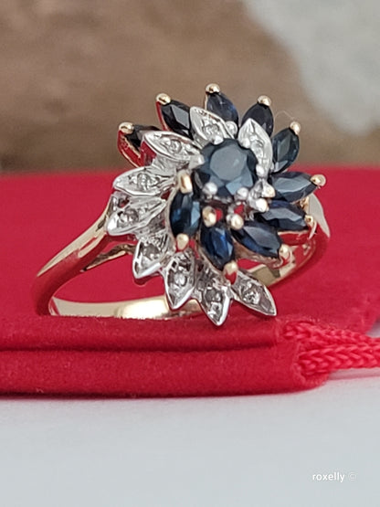 ❤️10k Size 7.75 Amazing Solid Yellow Gold Dark Sapphire and Diamond Ring!