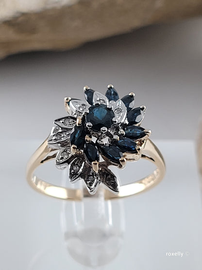 ❤️10k Size 7.75 Amazing Solid Yellow Gold Dark Sapphire and Diamond Ring!