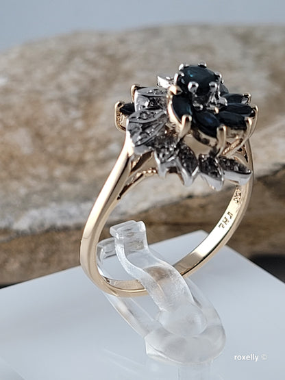 ❤️10k Size 7.75 Amazing Solid Yellow Gold Dark Sapphire and Diamond Ring!