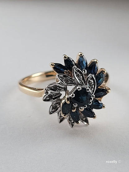 ❤️10k Size 7.75 Amazing Solid Yellow Gold Dark Sapphire and Diamond Ring!