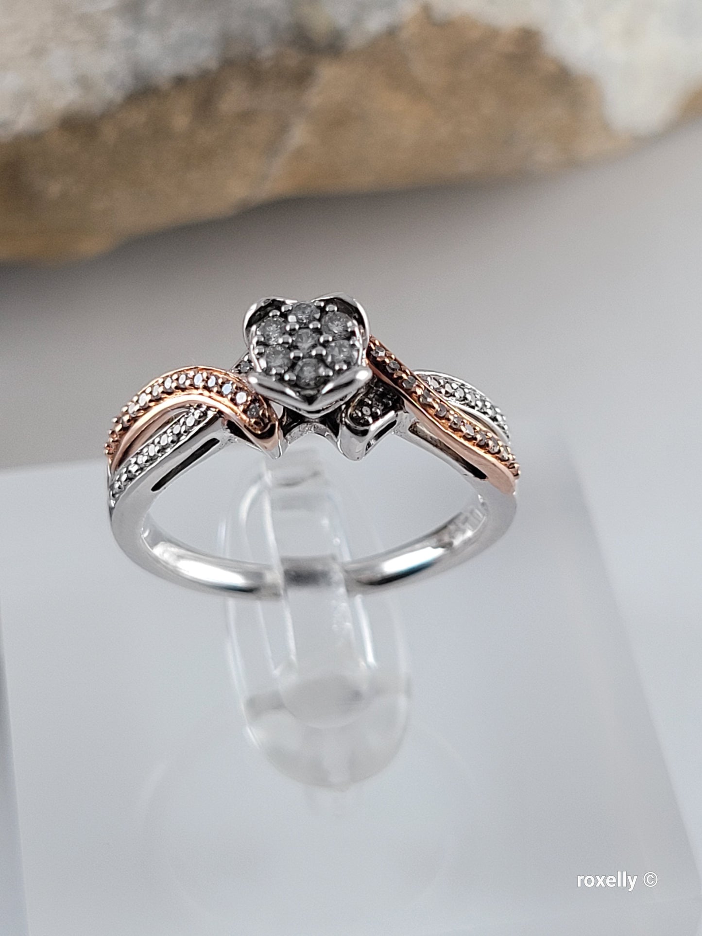 ❤️Size 6.75 Fancy Sterling Silver & 10k Solid Rose Gold Genuine Diamond Ring!