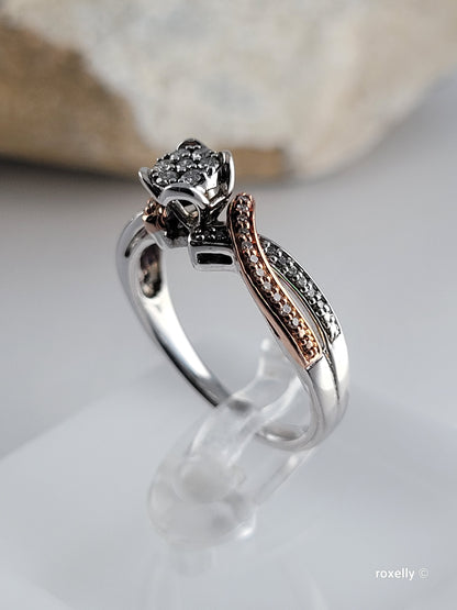❤️Size 6.75 Fancy Sterling Silver & 10k Solid Rose Gold Genuine Diamond Ring!